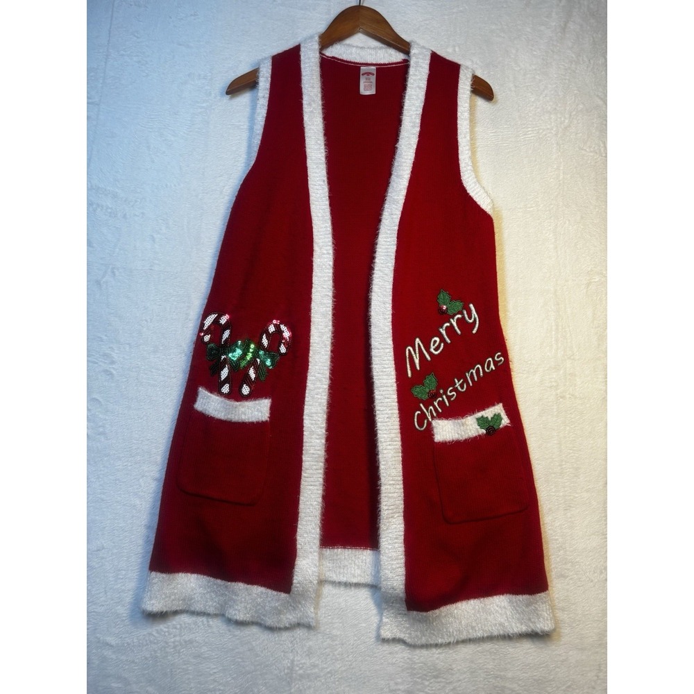 Merry Christmas Ugly Sweater Long Vest Red White Candy Canes Small Holiday